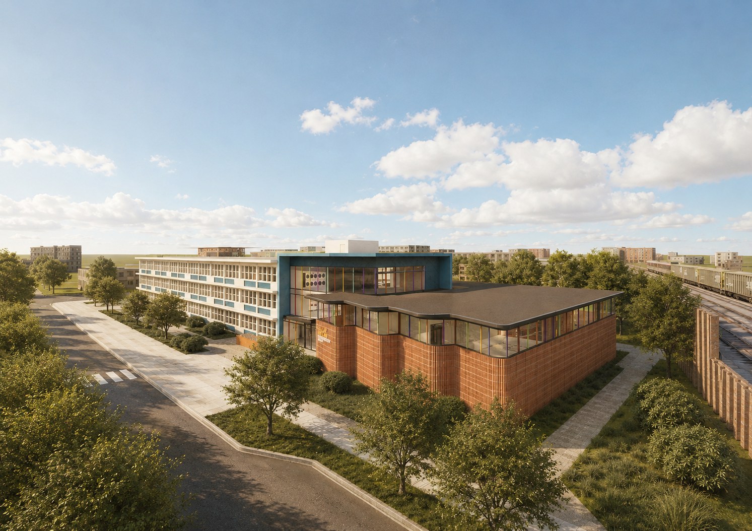 Aerial rendering of the restored school and its grounds