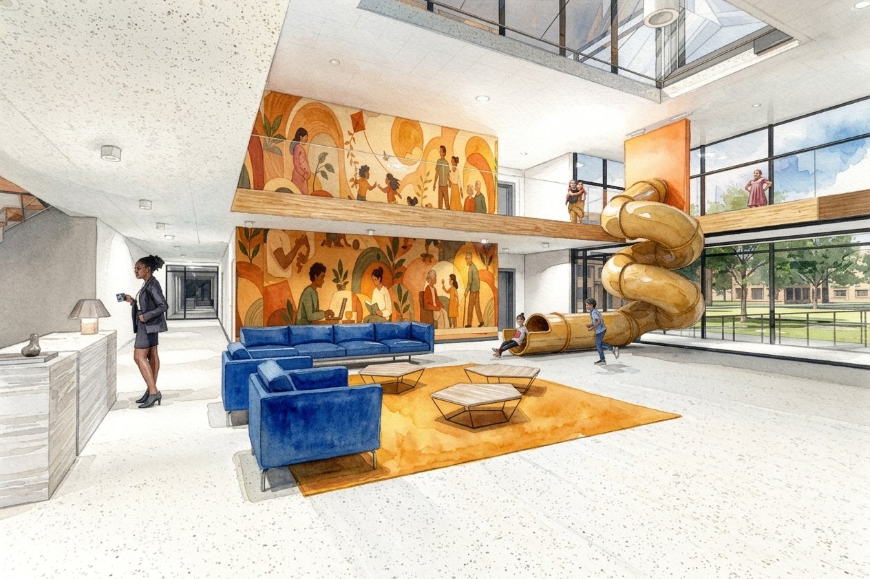 Rendering of the atrium with seating, a mural and a slide between floors