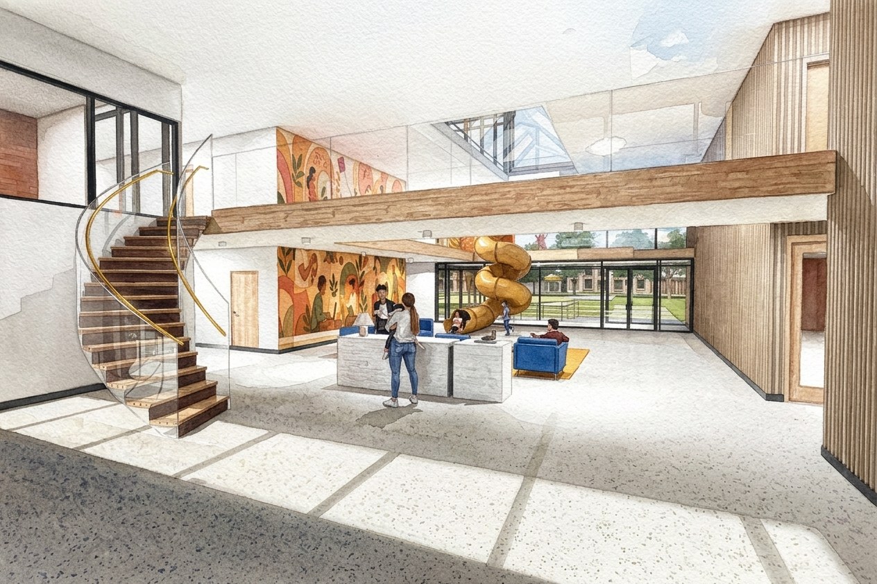 Rendering of the entry lobby with a staircase and mural