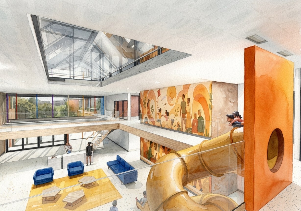 Rendering of the upper atrium with skylight and mural