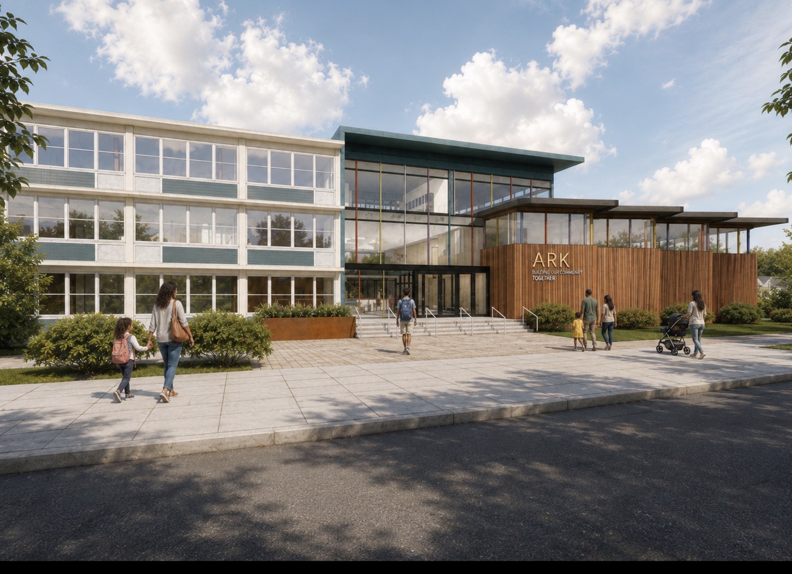 Architectural rendering of the restored school, showing the new entrance and atrium on Lawndale Avenue